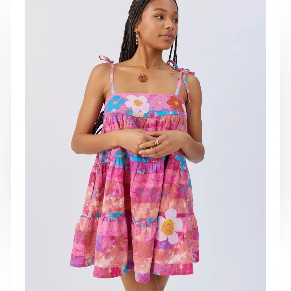 Kimchi Blue 100% Cotton Floral Boho Tiered Babydoll Mini Dress | Pink & Purple - Picture 2 of 7